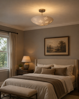 Toulouse 3 light white perforated bowl ceiling fixture displayed in a warm elegant bedroom with softly glowing star patterns.