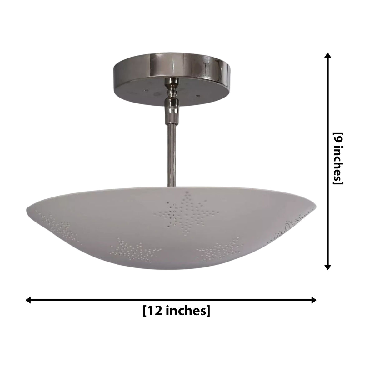 Toulouse 3 light perforated bowl ceiling light dimension view showing 12 inch width and 9 inch overall height.