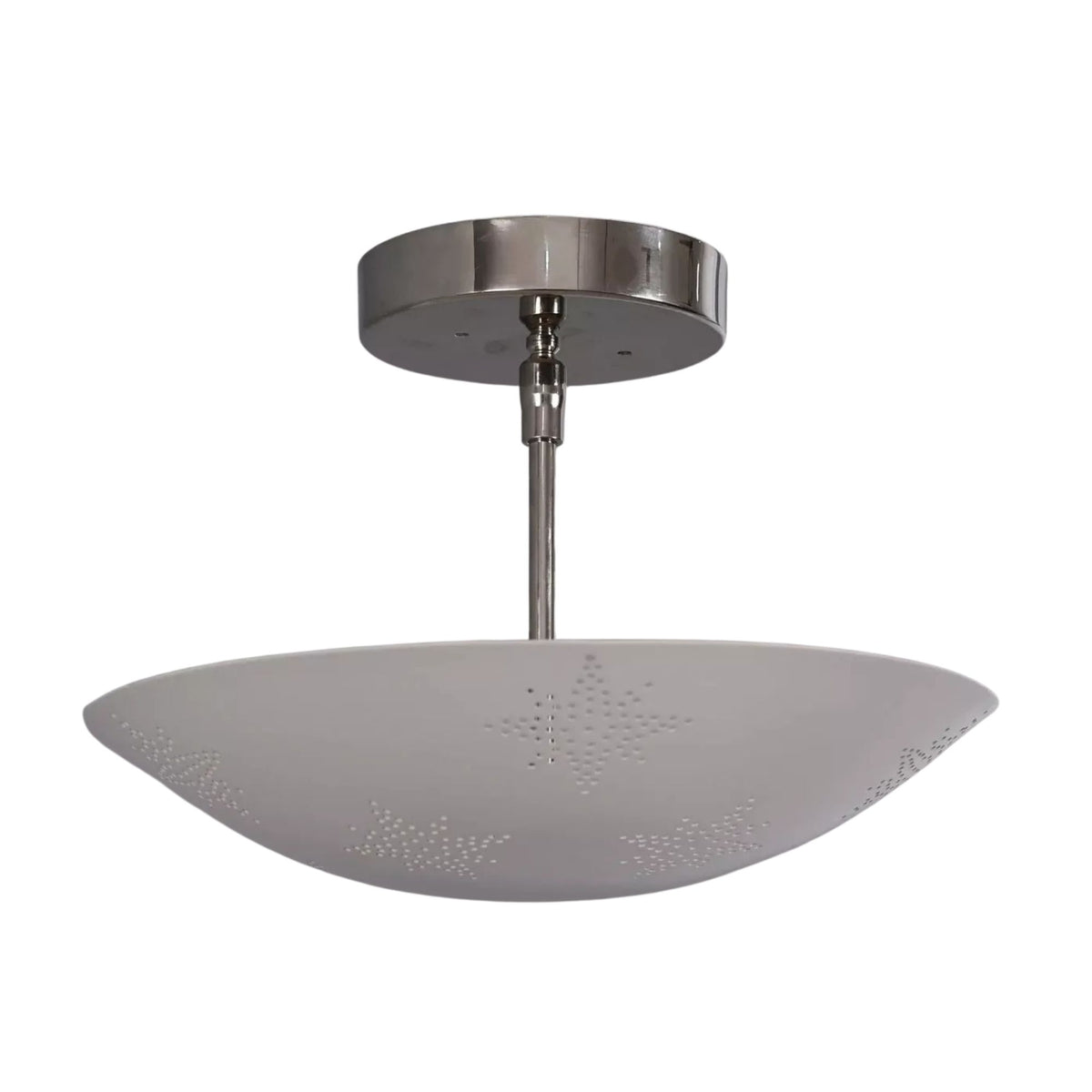 Toulouse 3 light white perforated bowl ceiling light with polished metal stem and round canopy, front view.