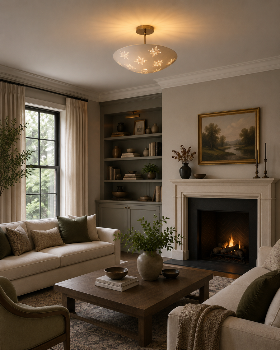 Toulouse 3 light perforated white bowl ceiling fixture illuminating a refined living room with warm ambient lighting.