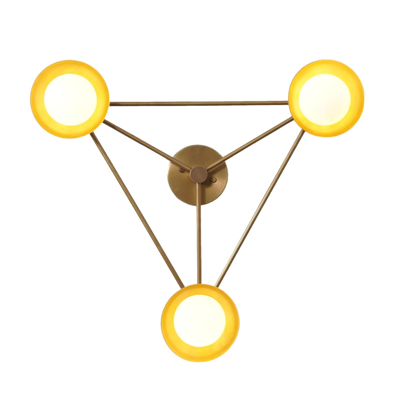 Modern brass wall lamp featuring three circular disc shades arranged in a triangular form, emitting a warm ambient glow for elegant wall lighting.