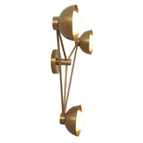 Angled side view of the tri-disc brass wall sconce showing conical brass shades and precise geometric rods for balanced illumination and modern appeal.