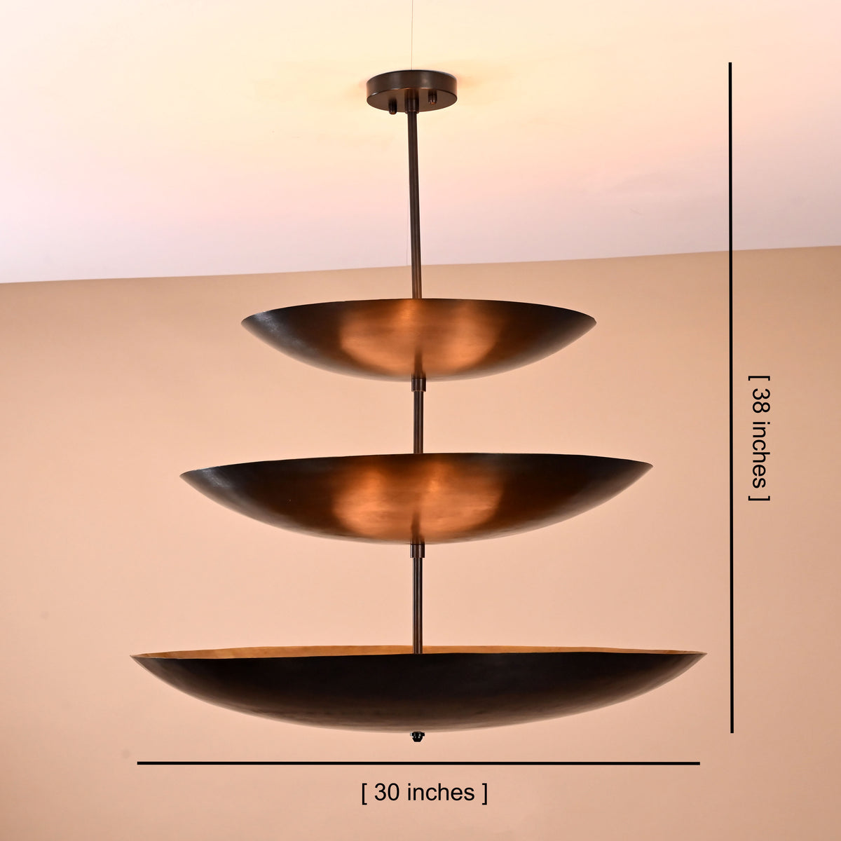 Blackened brass three-tier chandelier showing dimensions 30-inch width and 38-inch height