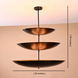 Blackened brass three-tier chandelier showing dimensions 30-inch width and 38-inch height
