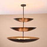 Triple bowl chandelier in blackened brass finish, three-tier modern ceiling light by Brass Leaf Studio