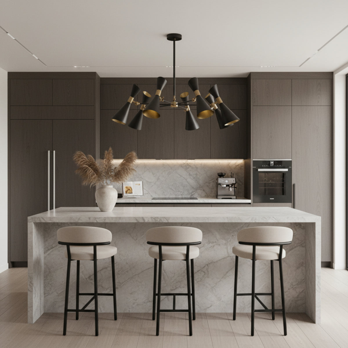 Tucson 6 light Mid-Century Modern chandelier shown from an alternate view with black sculptural cone shades and radial multi-arm construction.