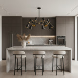 Tucson 6 light Mid-Century Modern chandelier shown from an alternate view with black sculptural cone shades and radial multi-arm construction.