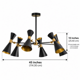Tucson 6 light black double-cone chandelier dimension view showing 45 inch width and 10 inch fixture height excluding the downrod and canopy.
