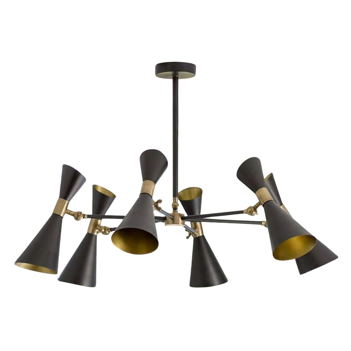 Tucson 6 light chandelier shown from the front with black double-cone shades, warm gold-tone interiors, and contrasting brass accents.