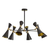 Tucson 6 light chandelier shown from the front with black double-cone shades, warm gold-tone interiors, and contrasting brass accents.