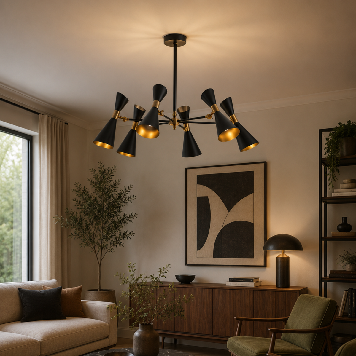 Tucson 6 light black double-cone chandelier displayed in a warm contemporary living room with illuminated gold-tone shade interiors.