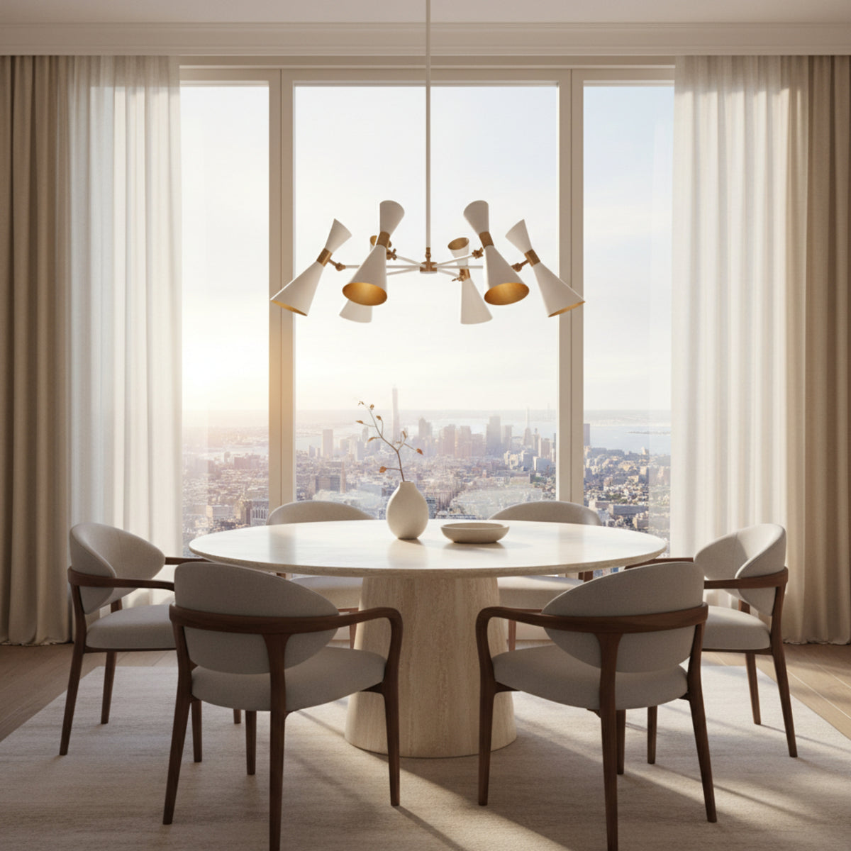 Tucson 6 light white double-cone chandelier shown from an alternate front view highlighting its sculptural multi-arm design and brass-tone details.