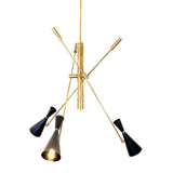 Angled view of the Turin 3-light chandelier showcasing black tapered cone shades, polished brass-tone arms, and a distinctive asymmetric Sputnik-inspired silhouette.