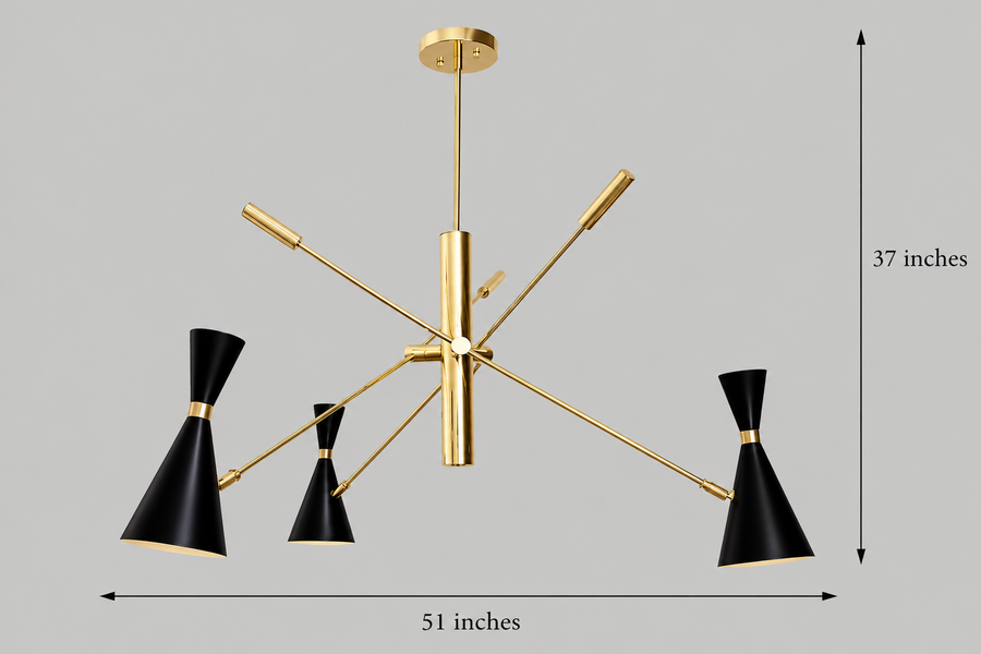 Turin 3-light sculptural cone chandelier hanging above a walnut dining table with cream upholstered chairs, creating warm ambient lighting in a sophisticated Mid-Century Modern dining room.