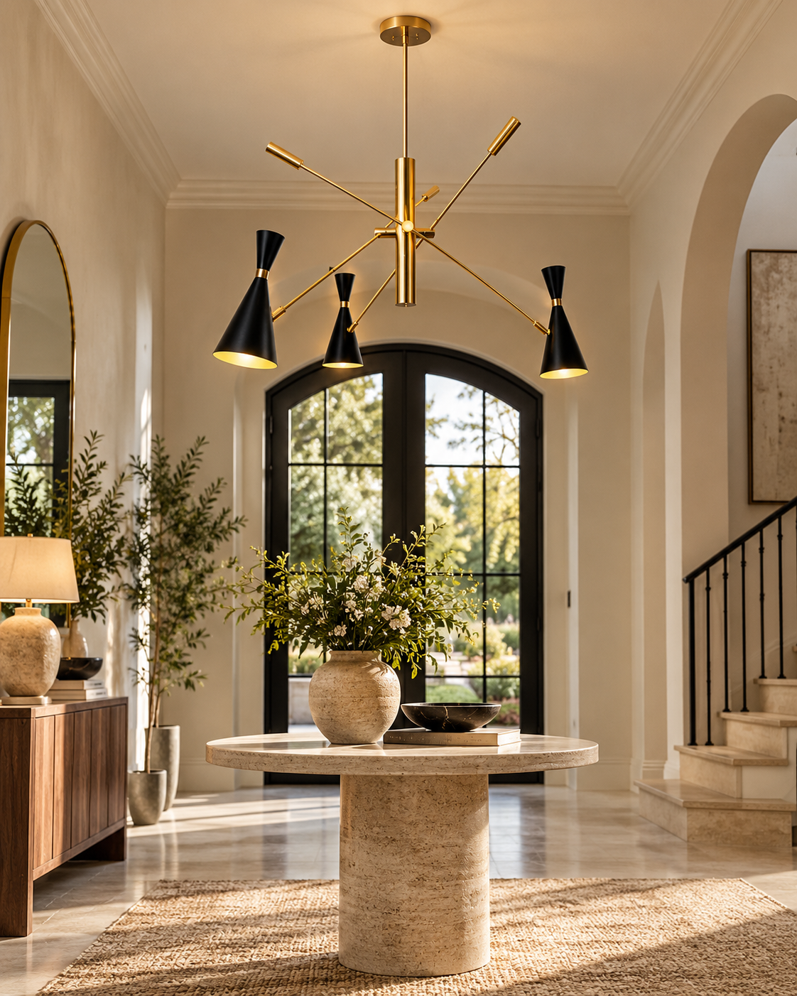 Turin 3-light black and brass Sputnik chandelier illuminating an elegant foyer with a round stone table, arched glass entry doors, warm neutral walls, and sophisticated contemporary decor.