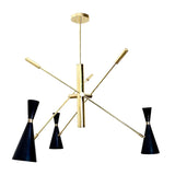 Front view of the Turin 3-light Mid-Century Modern chandelier featuring three matte-black double-cone shades, extended brass-tone arms, a cylindrical central hub, and round ceiling canopy.