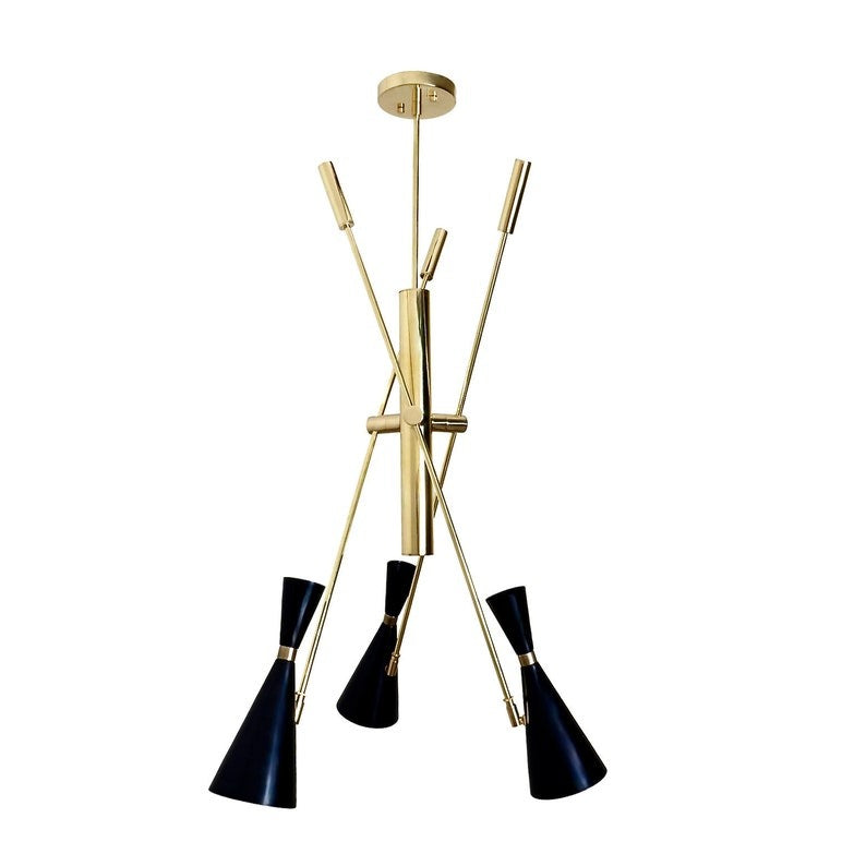 Full view of the Turin 3-light black and brass chandelier displaying its sculptural geometric arrangement, angled metal arms, tapered cone shades, and elegant ceiling suspension.