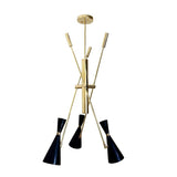Full view of the Turin 3-light black and brass chandelier displaying its sculptural geometric arrangement, angled metal arms, tapered cone shades, and elegant ceiling suspension.