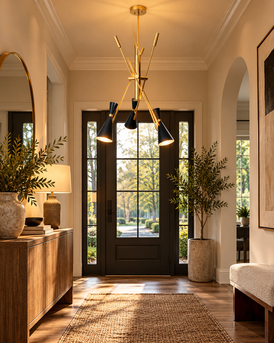Turin 3-light black cone chandelier illuminating a welcoming modern entryway with wooden flooring, a walnut console, black-framed glass doors, and warm architectural lighting.