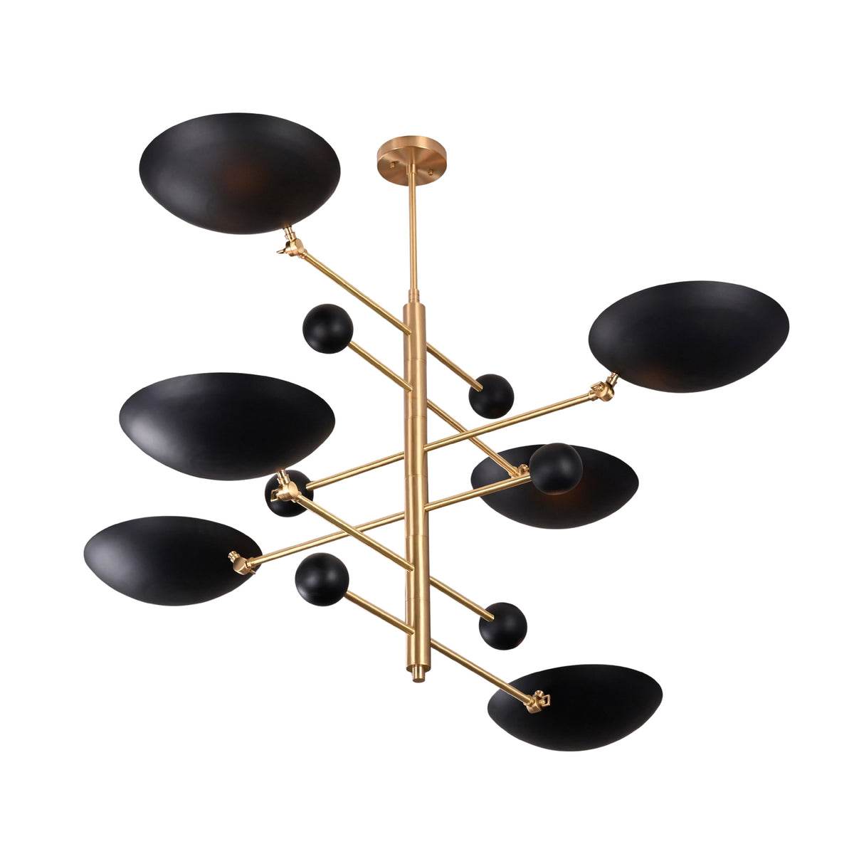 Turin Disc Balance Chandelier angled product view with layered arms, black sphere accents, and sculptural shades.