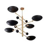 Turin Disc Balance Chandelier angled product view with layered arms, black sphere accents, and sculptural shades.