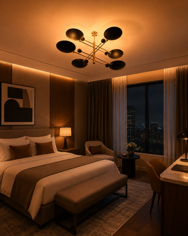 Turin Disc Balance Chandelier styled in a luxury bedroom with warm lighting and modern interior décor.