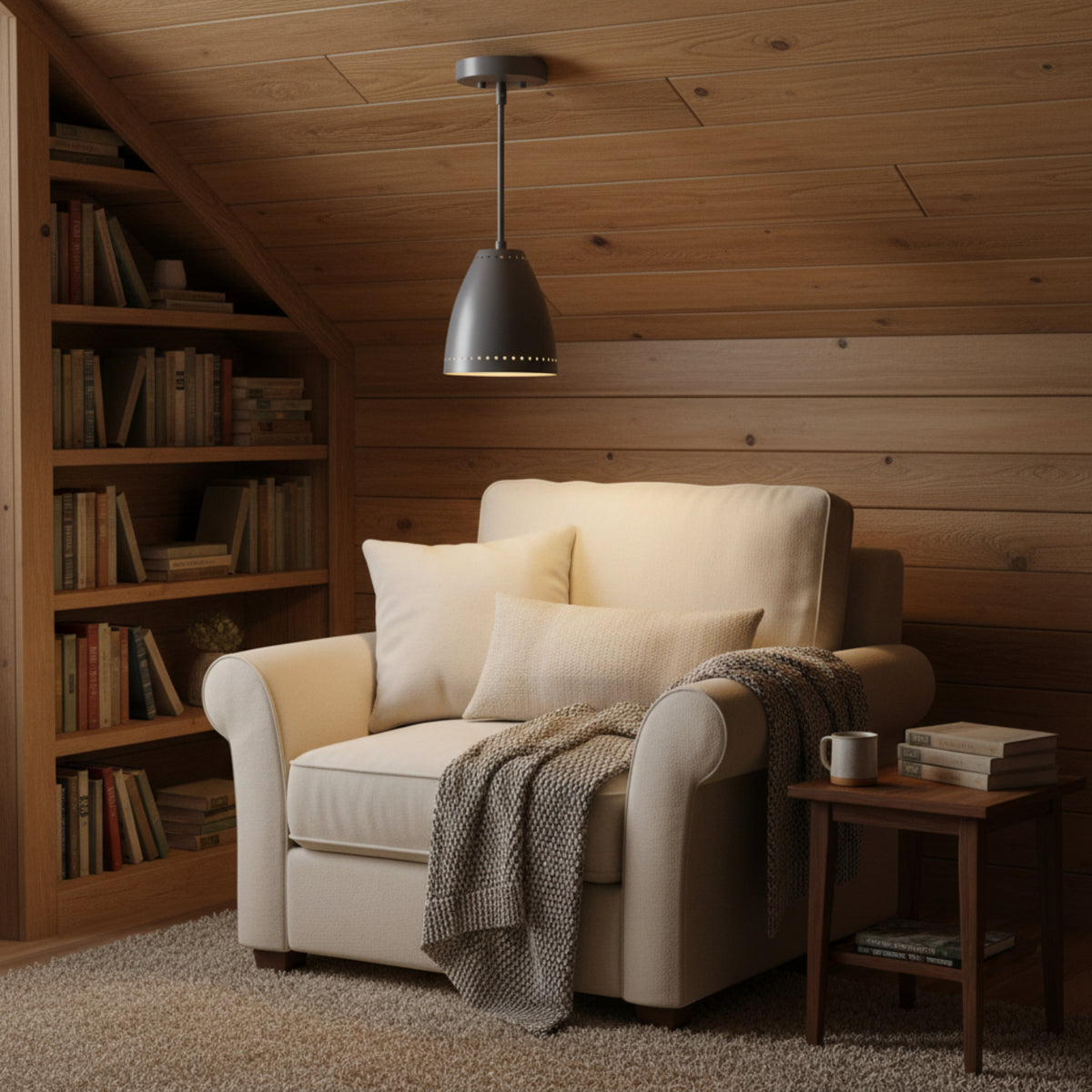 Turin 1 light dark metal perforated cone pendant shown from an angled view with round ceiling canopy and straight downrod.