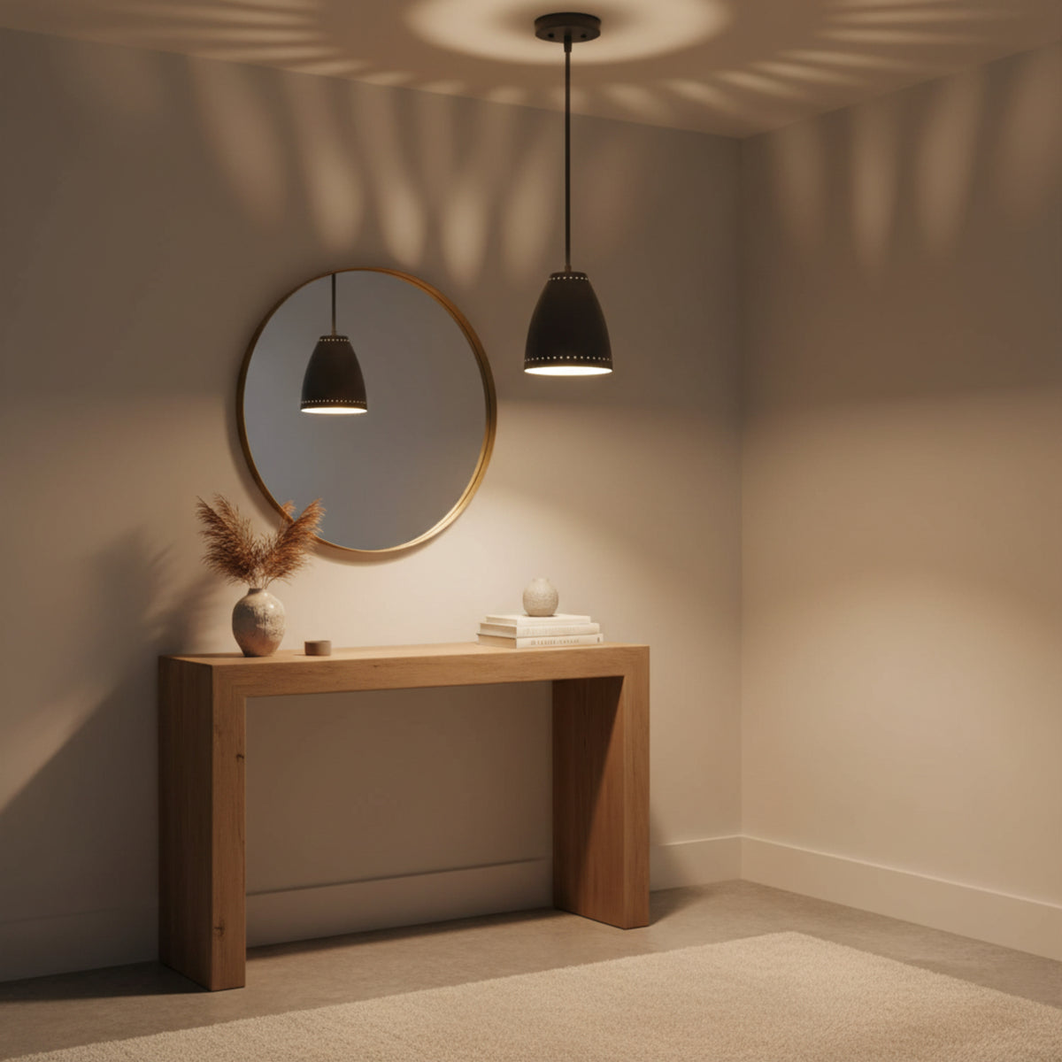 Turin 1 light dark metal perforated cone pendant shown from the front with straight downrod and round ceiling canopy.