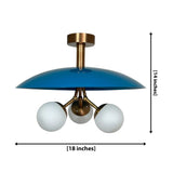 Valencia 3 light blue sculptural disc chandelier with opal globe shades and brass-tone details, showing 18 inch width and 14 inch height.