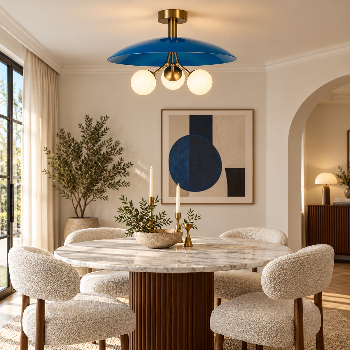 Valencia 3 light blue sculptural disc chandelier with brass-tone arms and illuminated opal globes above a modern dining table.