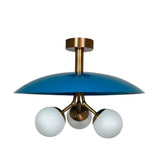 Valencia 3 light chandelier shown from the front with a bold blue dome disc, three opal globe shades, and brass-tone detailing.