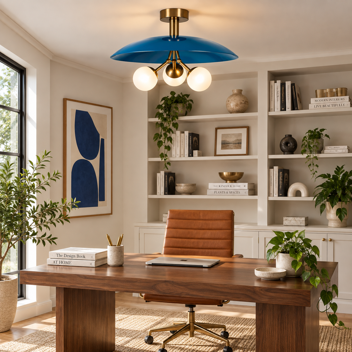 Valencia 3 light blue disc chandelier with illuminated opal globe shades installed in a bright modern home office.