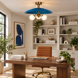 Valencia 3 light blue disc chandelier with illuminated opal globe shades installed in a bright modern home office.