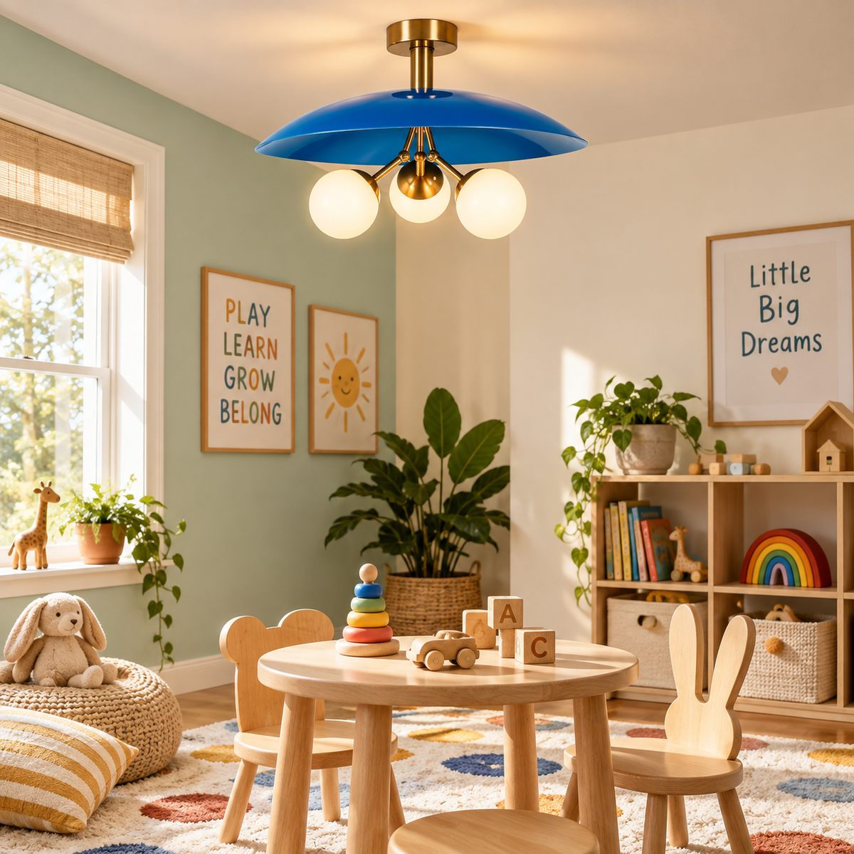 Valencia 3 light blue disc chandelier with illuminated opal globe shades displayed in a bright contemporary kids room.