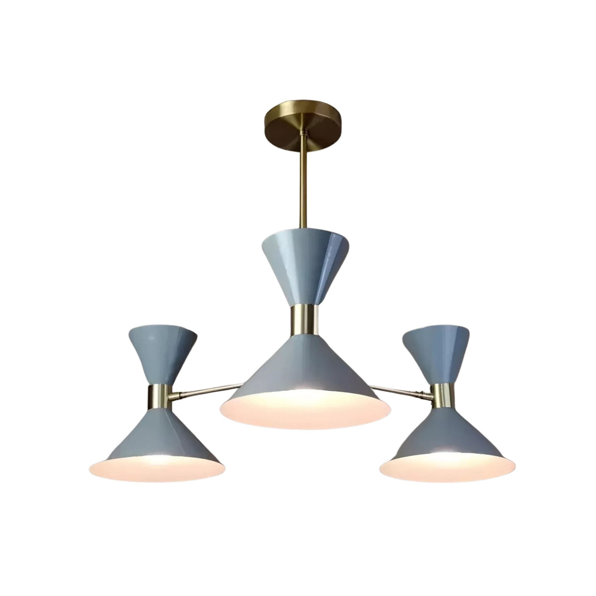 Valencia 6 light blue-gray triple cone chandelier shown from the front with three sculptural double-cone shades and brass details.