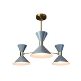 Valencia 6 light blue-gray triple cone chandelier shown from the front with three sculptural double-cone shades and brass details.