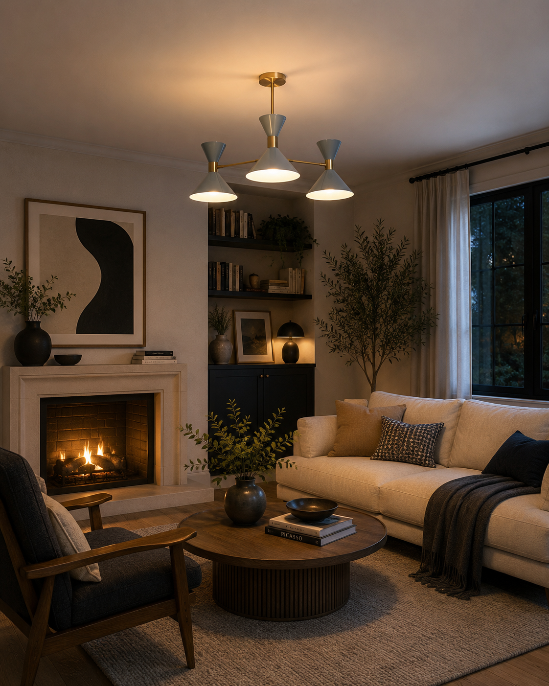 Valencia 6 light blue-gray and brass triple cone chandelier illuminated in a warm modern living room interior.