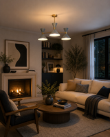 Valencia 6 light blue-gray and brass triple cone chandelier illuminated in a warm modern living room interior.