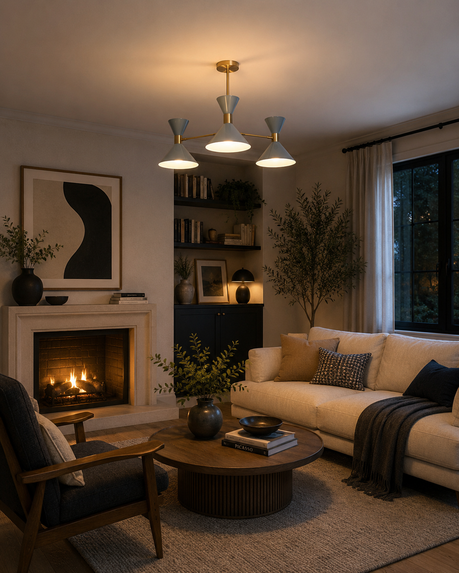 Valencia 6 light blue-gray and brass triple cone chandelier illuminated in a warm modern living room interior.