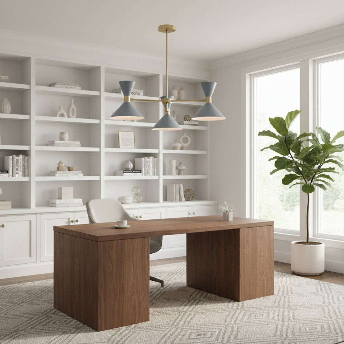 Valencia 6 light Mid-Century Modern triple cone chandelier in blue-gray and brass shown in a straight product view.