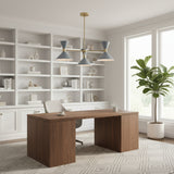 Valencia 6 light Mid-Century Modern triple cone chandelier in blue-gray and brass shown in a straight product view.