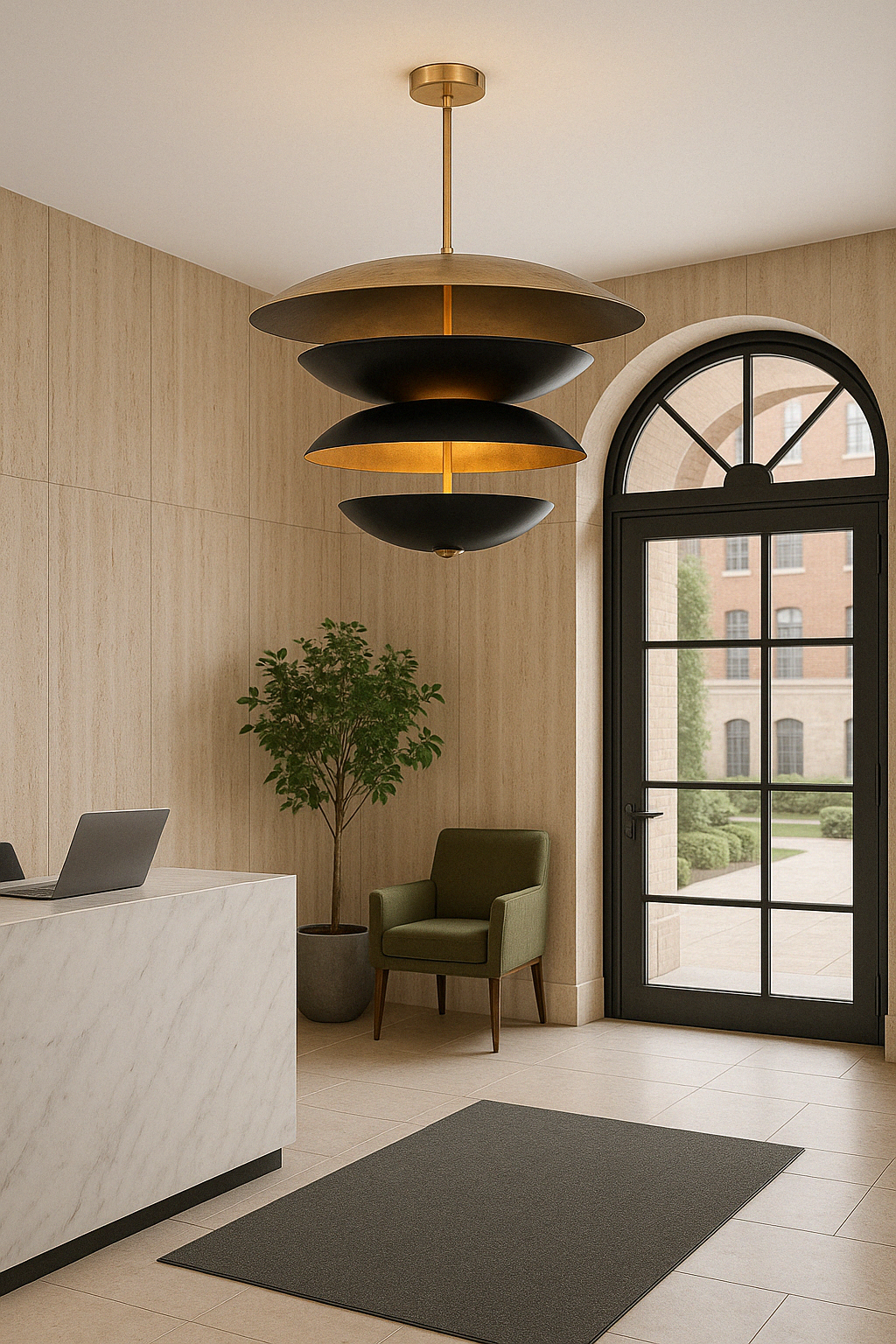 Statement modern chandelier with tiered matte black and gold dome layers, suspended from a gold rod, ideal for entryways, lobbies, or contemporary interiors
