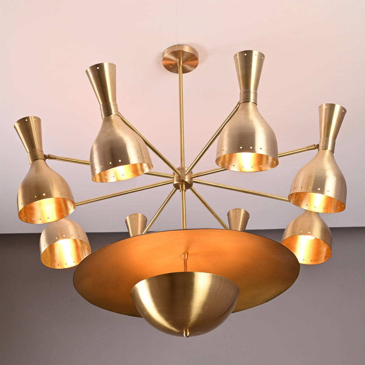 Venice Bottle Disc Chandelier close view with seven bottle-style shades and layered central disc detail.