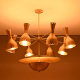 Venice Bottle Disc Chandelier installed on ceiling with illuminated bottle shades and warm ambient lighting.