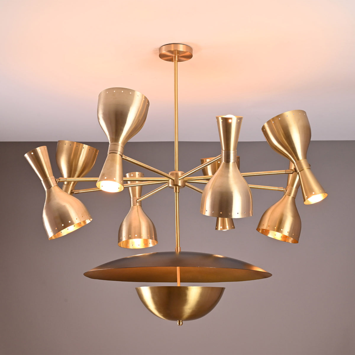 Venice Bottle Disc Chandelier side product view with radial arms, perforated shade rims, and central disc