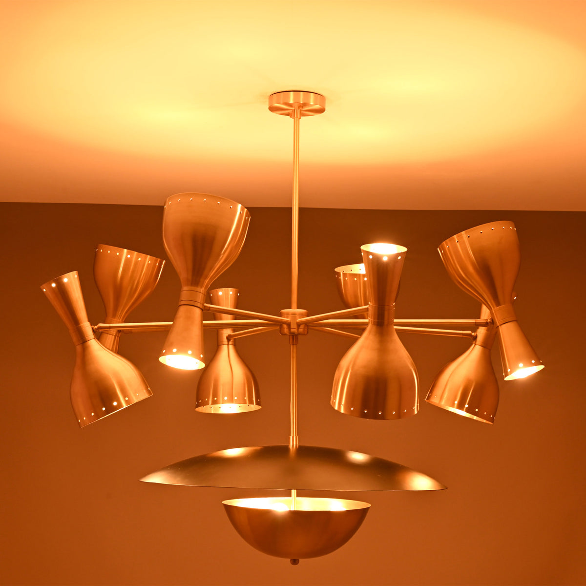 Venice Bottle Disc Chandelier close product view showing sculptural bottle shades and wide lower disc element.