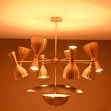 Venice Bottle Disc Chandelier close product view showing sculptural bottle shades and wide lower disc element.