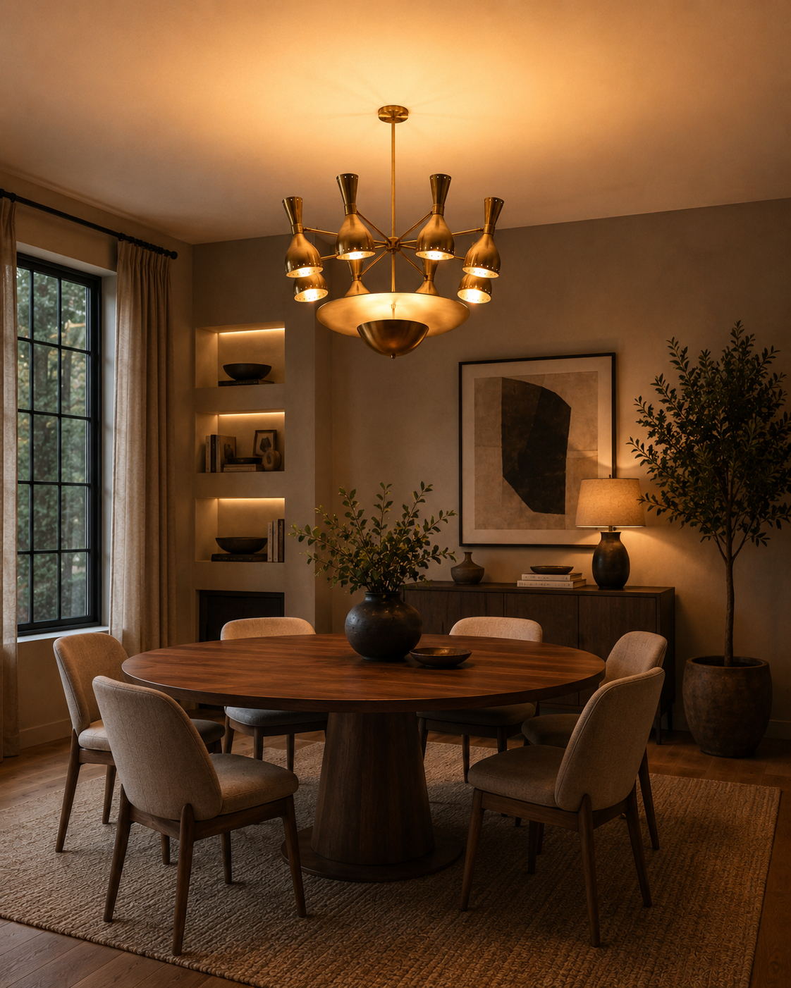 Venice Bottle Disc Chandelier styled above dining table in a warm modern room with soft ambient lighting.
