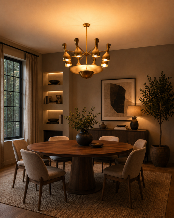Venice Bottle Disc Chandelier styled above dining table in a warm modern room with soft ambient lighting.