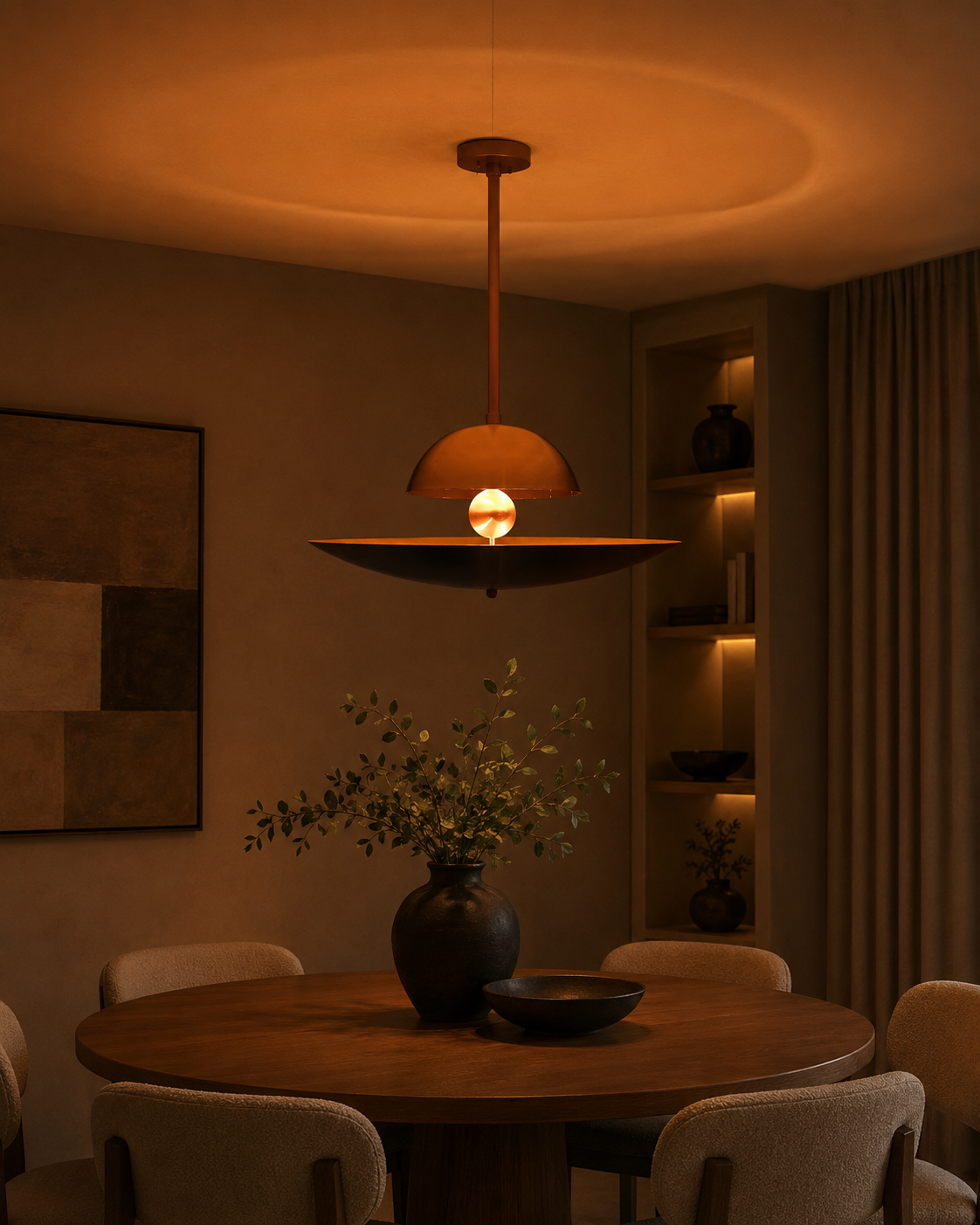 Venice Disc pendant installed above a round dining table, creating warm sculptural lighting in a modern dining room.